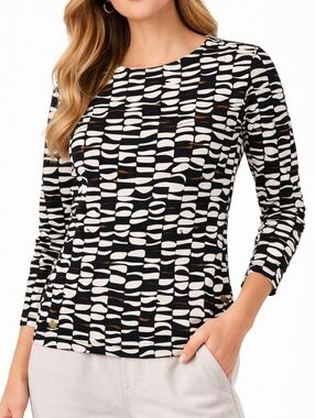 Marc Cain ($400) Abstract Print Top Black White Long Sleeve Designer Top